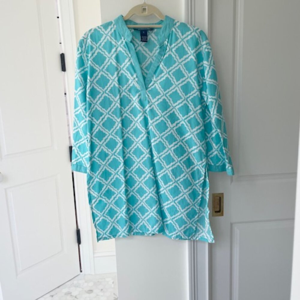 Cape Madras Aqua and White Long Tunic - Size Small